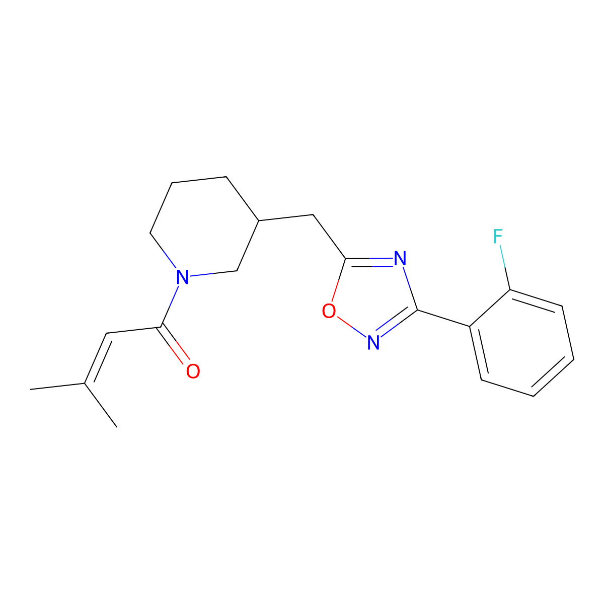 1-(3-((3-(2-Fluorophenyl)-1,2,4-oxadiazol-5-yl)methyl)piperidin-1-yl)-3-methylbut-2-en-1-one molecular structure, CAS 1705878-87-0