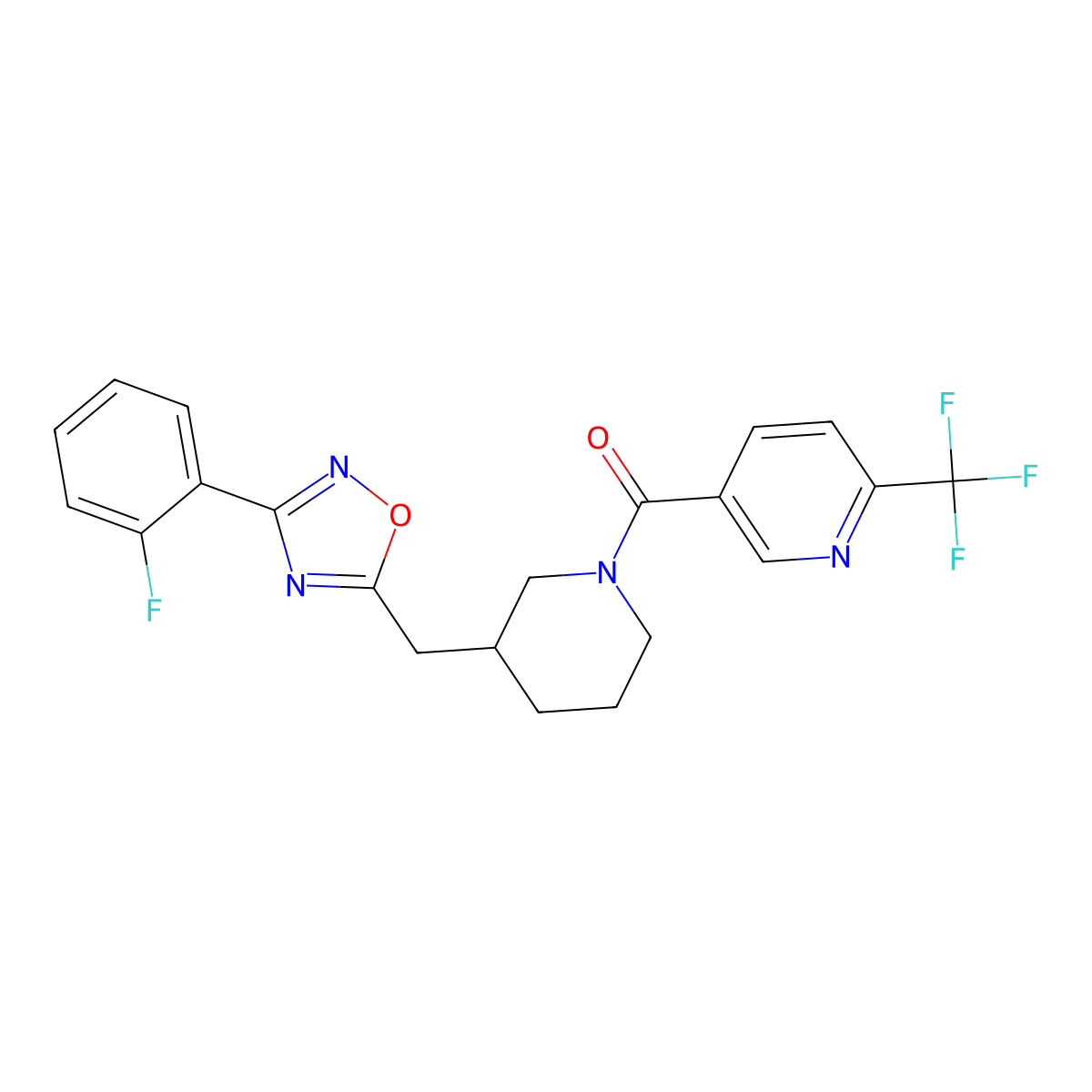 (3-((3-(2-Fluorophenyl)-1,2,4-oxadiazol-5-yl)methyl)piperidin-1-yl)(6-(trifluoromethyl)pyridin-3-yl)methanone molecular structure, CAS 1705878-91-6