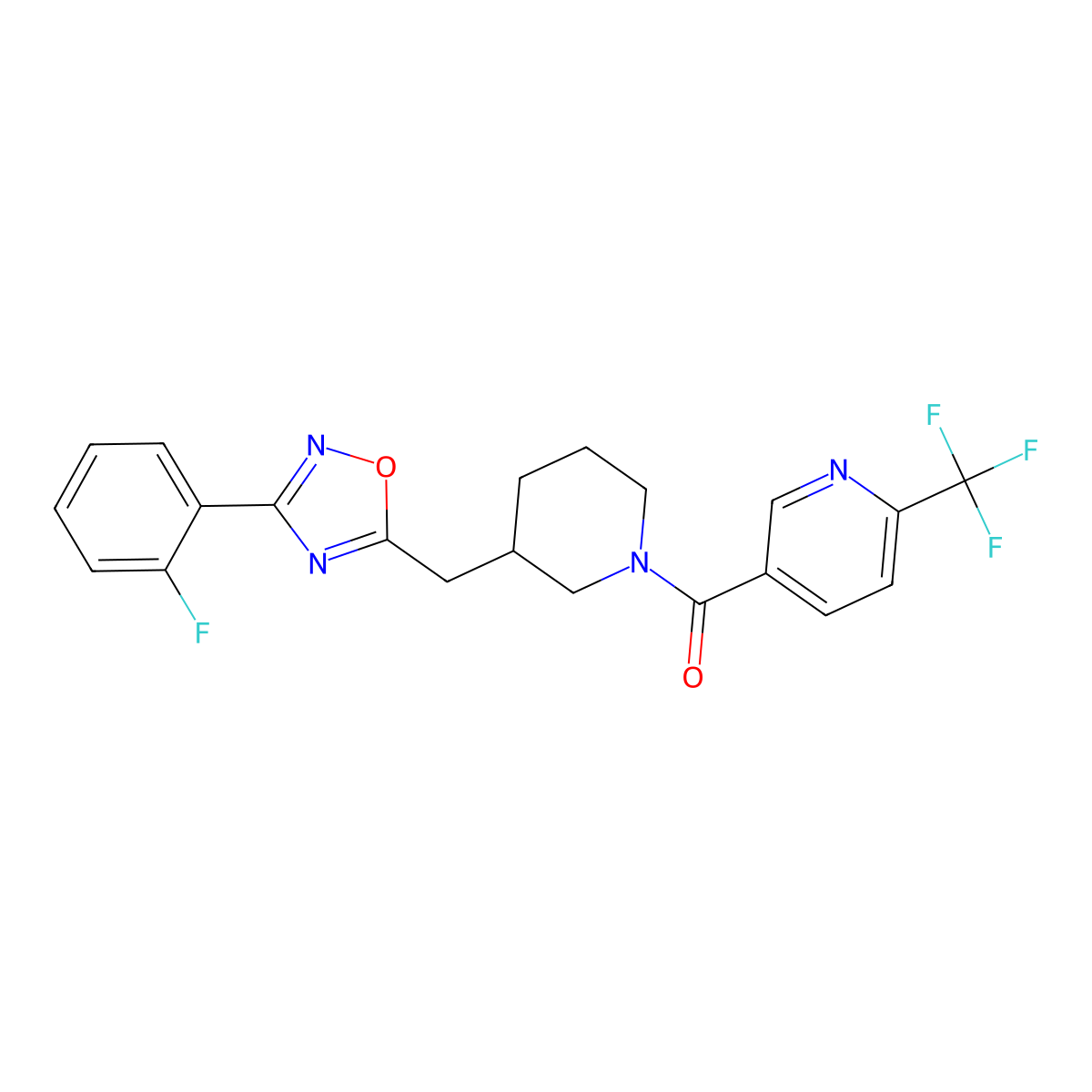 (3-((3-(2-Fluorophenyl)-1,2,4-oxadiazol-5-yl)methyl)piperidin-1-yl)(6-(trifluoromethyl)pyridin-3-yl)methanone molecular structure, CAS 1705878-91-6