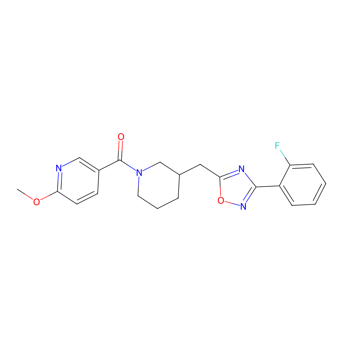 (3-((3-(2-Fluorophenyl)-1,2,4-oxadiazol-5-yl)methyl)piperidin-1-yl)(6-methoxypyridin-3-yl)methanone molecular structure, CAS 1705878-98-3