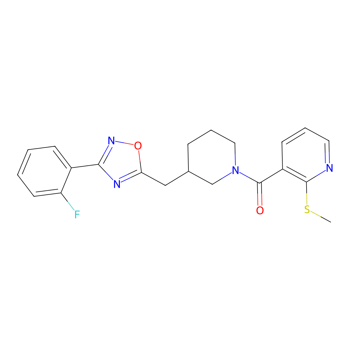 (3-((3-(2-Fluorophenyl)-1,2,4-oxadiazol-5-yl)methyl)piperidin-1-yl)(2-(methylthio)pyridin-3-yl)methanone molecular structure, CAS 1705879-03-3