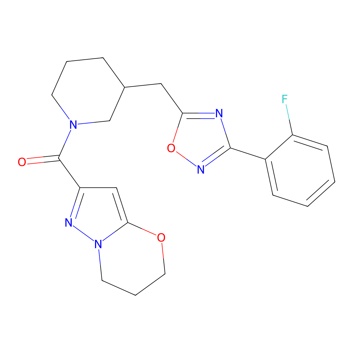 (6,7-dihydro-5H-pyrazolo[5,1-b][1,3]oxazin-2-yl)(3-((3-(2-fluorophenyl)-1,2,4-oxadiazol-5-yl)methyl)piperidin-1-yl)methanone molecular structure, CAS 1705879-08-8