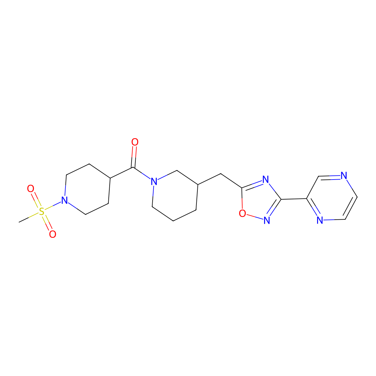 (1-(Methylsulfonyl)piperidin-4-yl)(3-((3-(pyrazin-2-yl)-1,2,4-oxadiazol-5-yl)methyl)piperidin-1-yl)methanone molecular structure, CAS 1705879-13-5