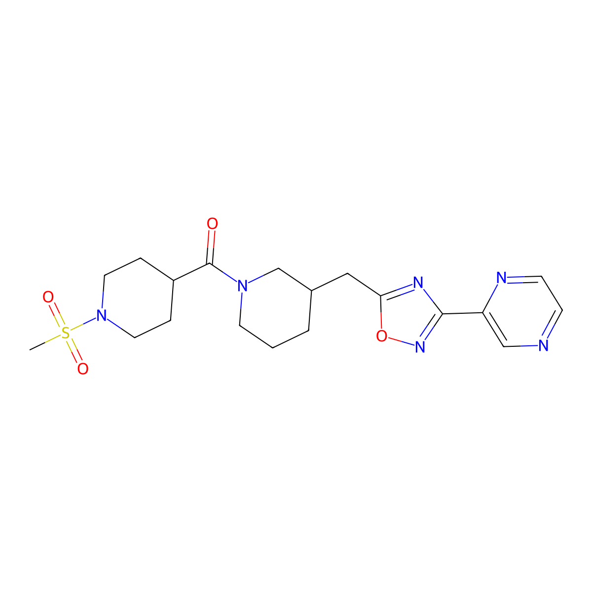 (1-(Methylsulfonyl)piperidin-4-yl)(3-((3-(pyrazin-2-yl)-1,2,4-oxadiazol-5-yl)methyl)piperidin-1-yl)methanone molecular structure, CAS 1705879-13-5