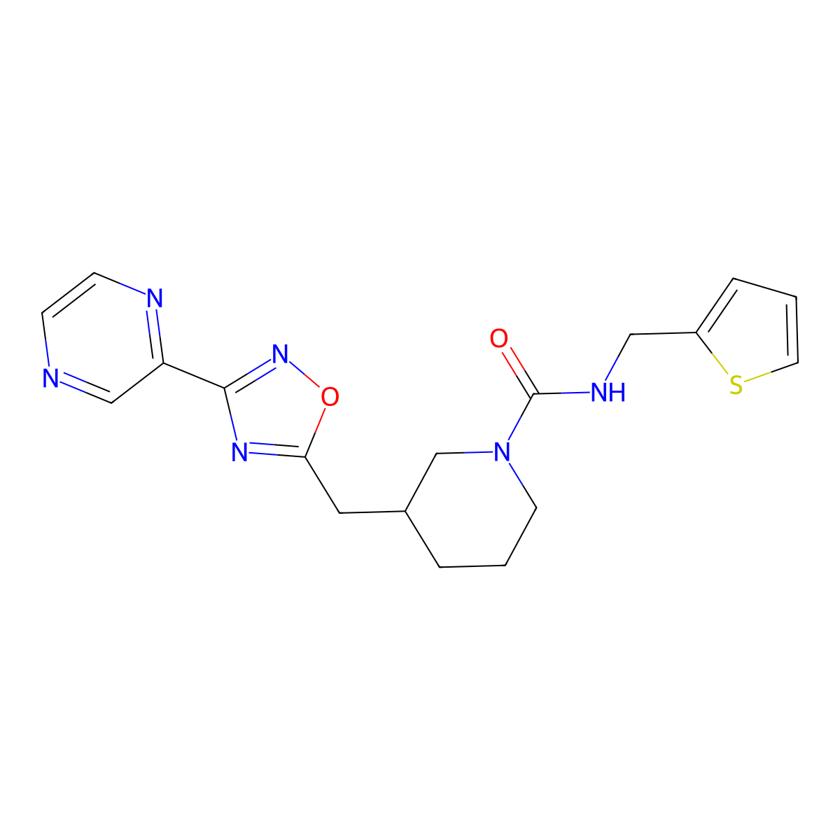 3-((3-(pyrazin-2-yl)-1,2,4-oxadiazol-5-yl)methyl)-N-(thiophen-2-ylmethyl)piperidine-1-carboxamide molecular structure, CAS 1705879-32-8
