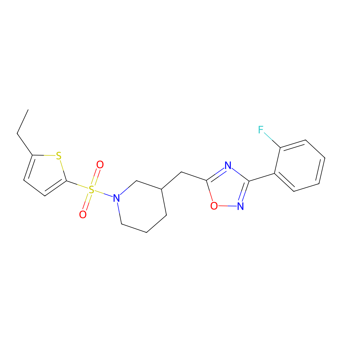 5-((1-((5-Ethylthiophen-2-yl)sulfonyl)piperidin-3-yl)methyl)-3-(2-fluorophenyl)-1,2,4-oxadiazole molecular structure, CAS 1705879-33-9