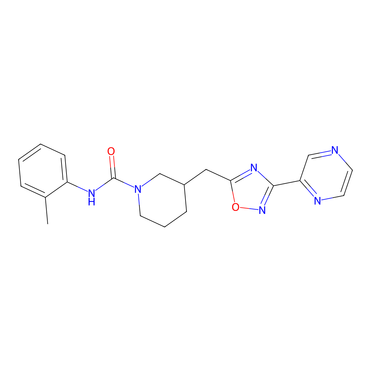 3-((3-(pyrazin-2-yl)-1,2,4-oxadiazol-5-yl)methyl)-N-(o-tolyl)piperidine-1-carboxamide molecular structure, CAS 1705879-35-1