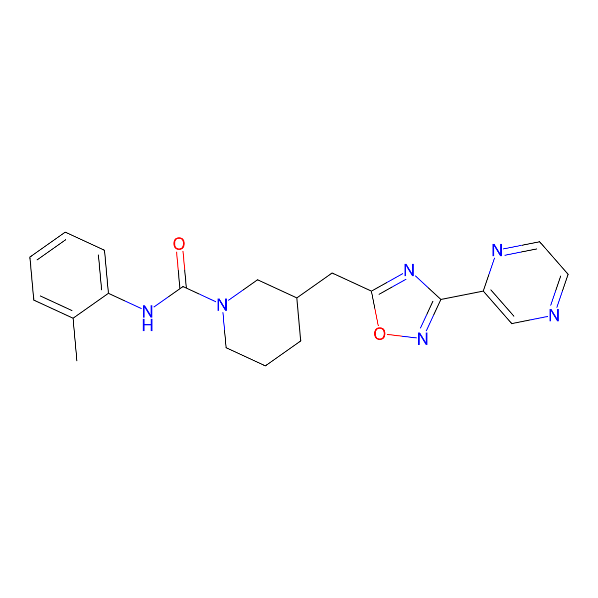 3-((3-(pyrazin-2-yl)-1,2,4-oxadiazol-5-yl)methyl)-N-(o-tolyl)piperidine-1-carboxamide molecular structure, CAS 1705879-35-1