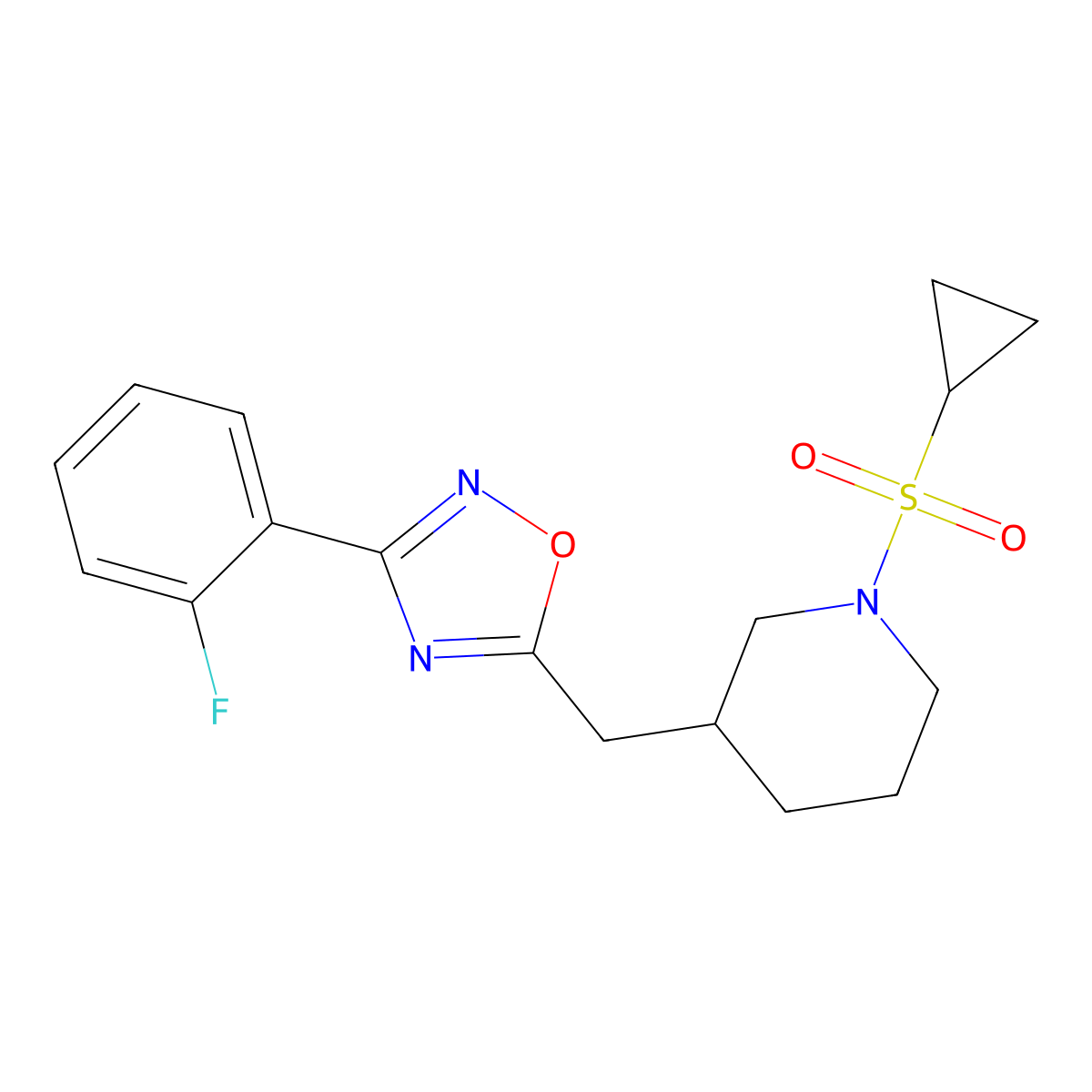 5-((1-(Cyclopropylsulfonyl)piperidin-3-yl)methyl)-3-(2-fluorophenyl)-1,2,4-oxadiazole molecular structure, CAS 1705879-37-3