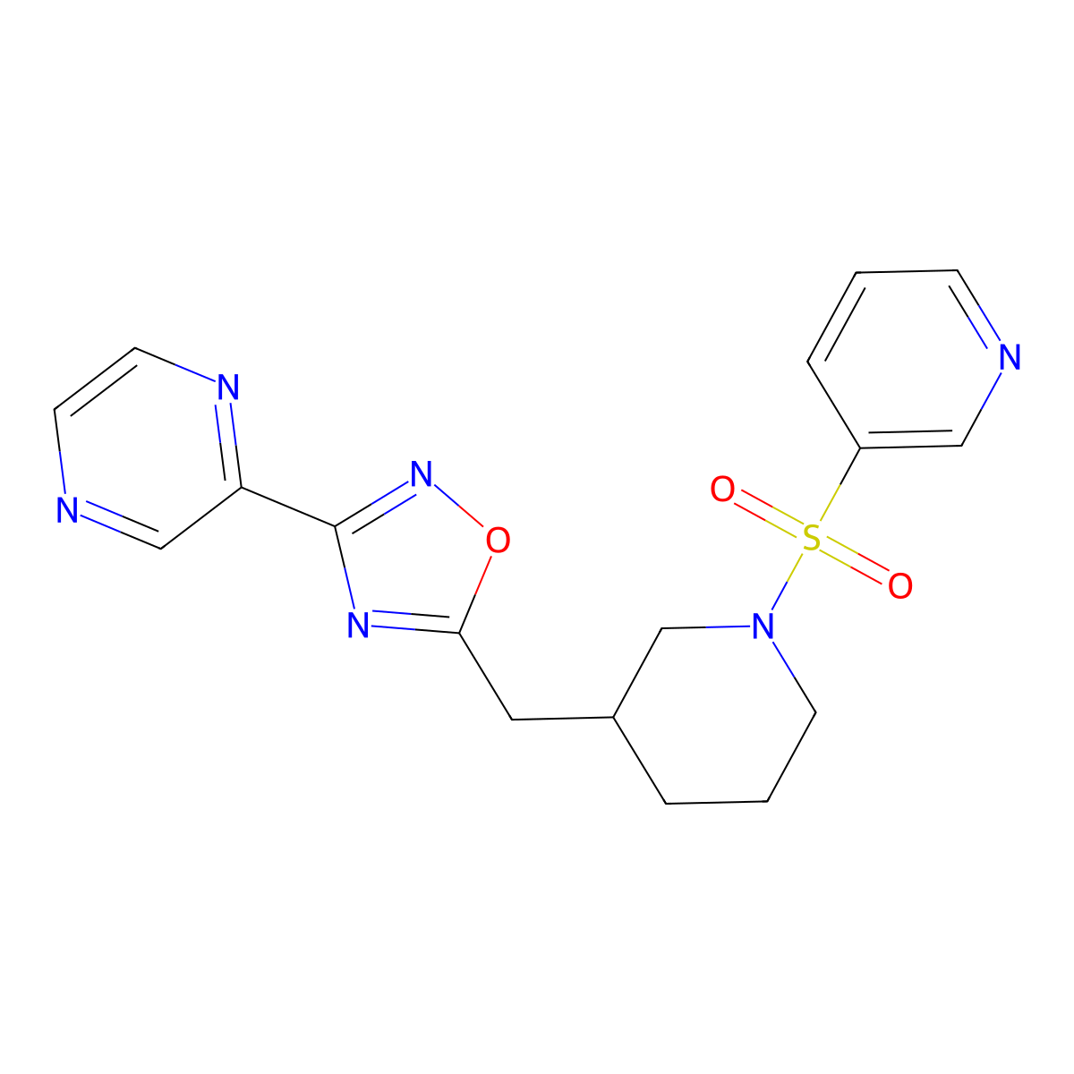3-(Pyrazin-2-yl)-5-((1-(pyridin-3-ylsulfonyl)piperidin-3-yl)methyl)-1,2,4-oxadiazole molecular structure, CAS 1705879-43-1