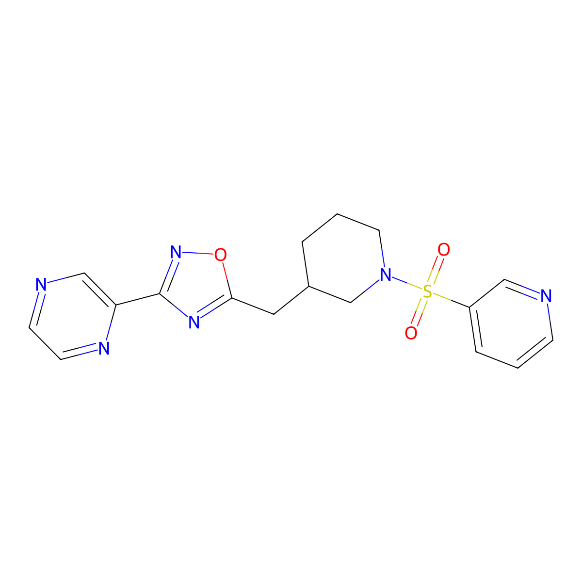 3-(Pyrazin-2-yl)-5-((1-(pyridin-3-ylsulfonyl)piperidin-3-yl)methyl)-1,2,4-oxadiazole molecular structure, CAS 1705879-43-1
