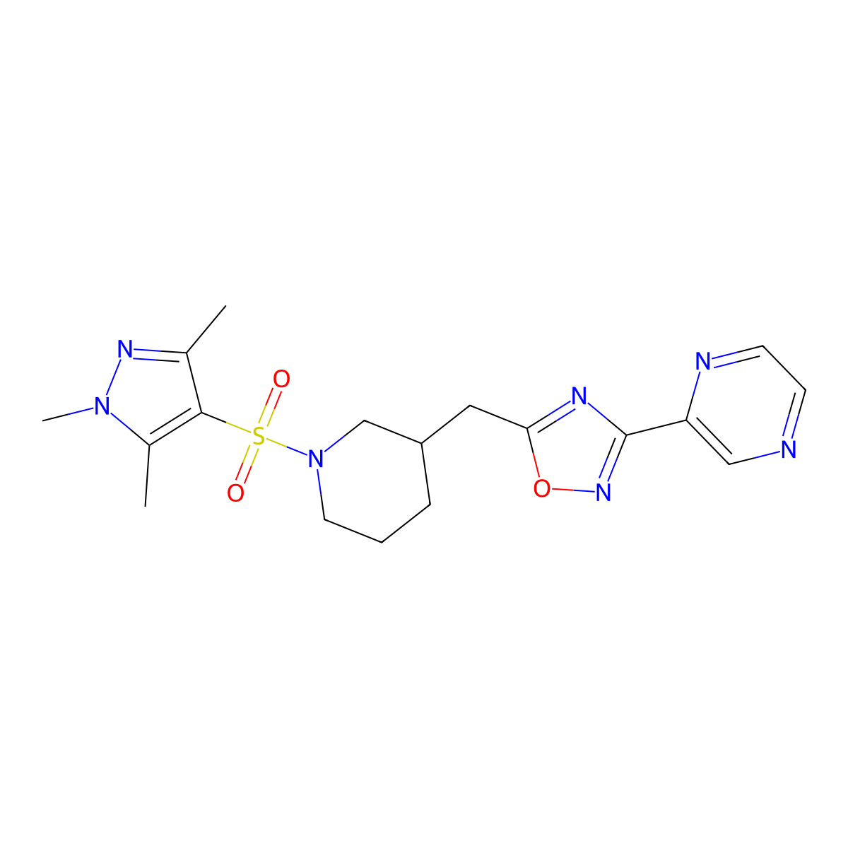 3-(pyrazin-2-yl)-5-((1-((1,3,5-trimethyl-1H-pyrazol-4-yl)sulfonyl)piperidin-3-yl)methyl)-1,2,4-oxadiazole molecular structure, CAS 1705879-47-5