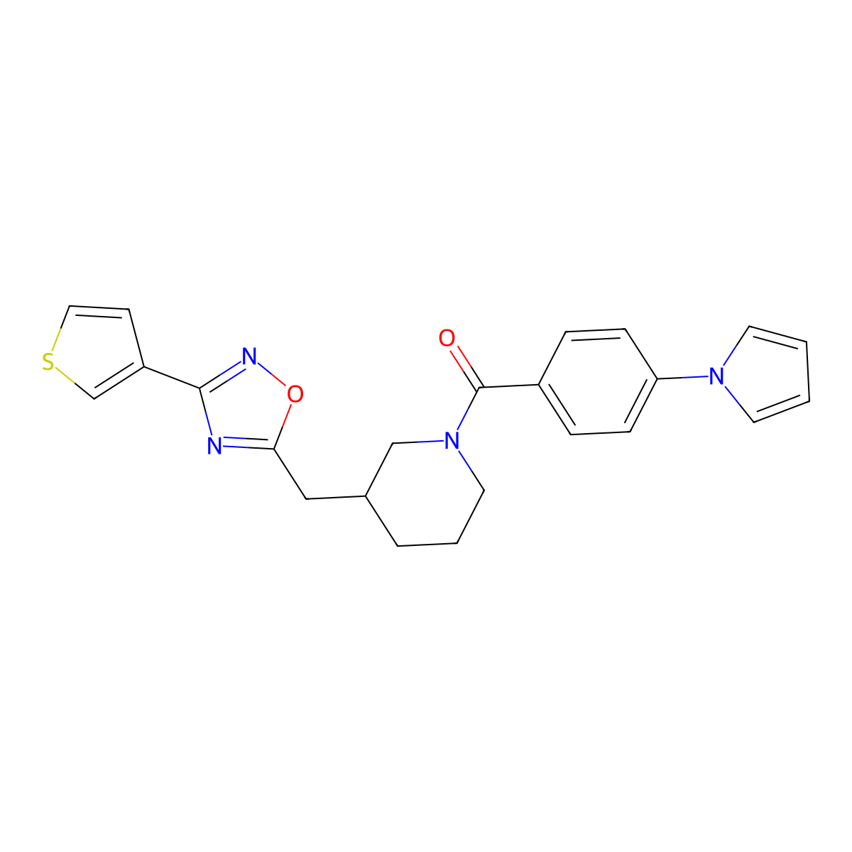 (4-(1H-pyrrol-1-yl)phenyl)(3-((3-(thiophen-3-yl)-1,2,4-oxadiazol-5-yl)methyl)piperidin-1-yl)methanone molecular structure, CAS 1705879-52-2