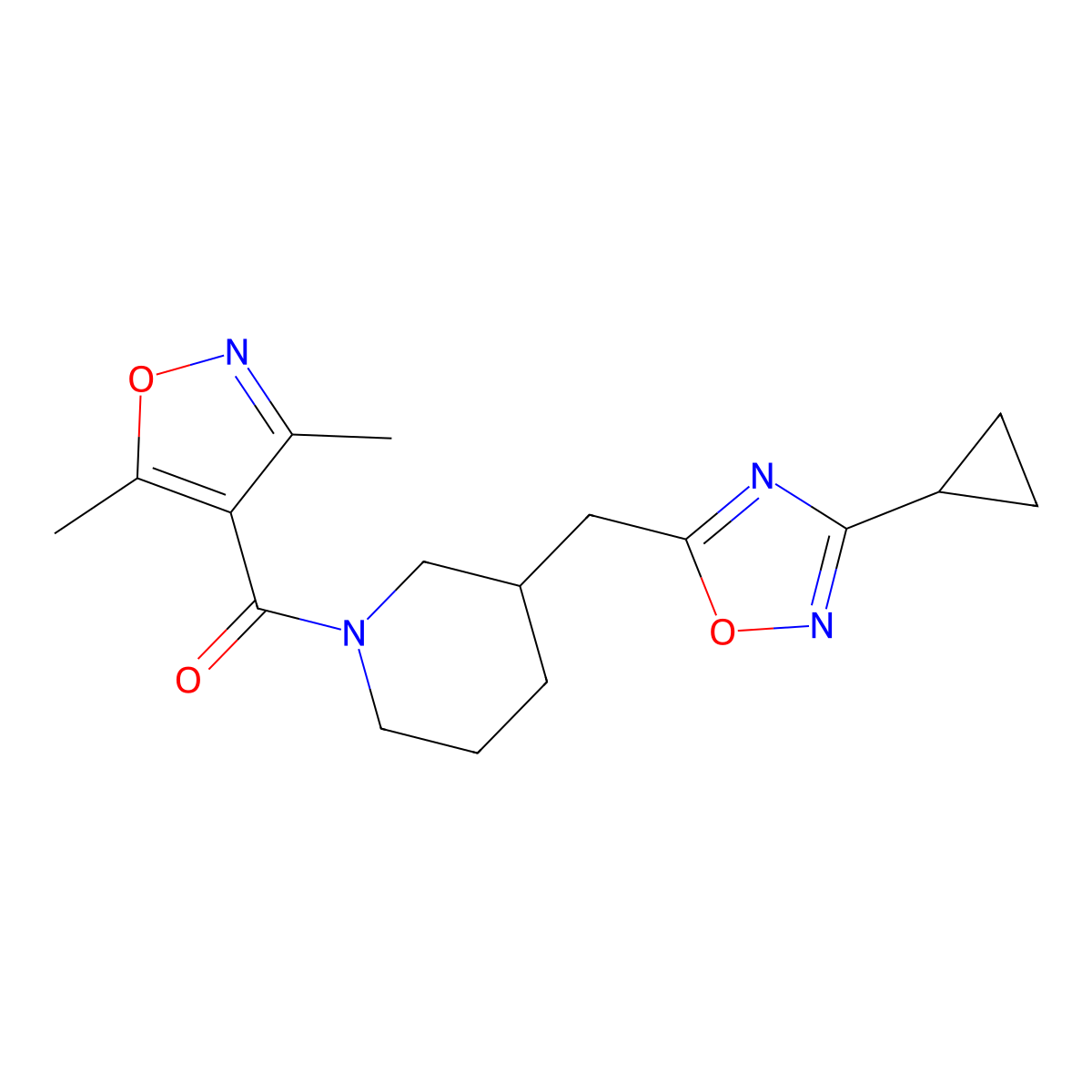 (3-((3-Cyclopropyl-1,2,4-oxadiazol-5-yl)methyl)piperidin-1-yl)(3,5-dimethylisoxazol-4-yl)methanone molecular structure, CAS 1705879-61-3