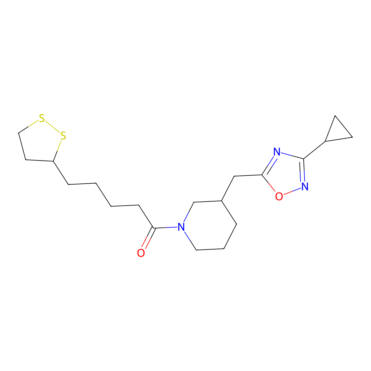 1-(3-((3-Cyclopropyl-1,2,4-oxadiazol-5-yl)methyl)piperidin-1-yl)-5-(1,2-dithiolan-3-yl)pentan-1-one molecular structure, CAS 1705879-66-8