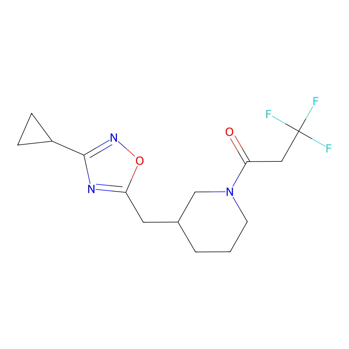 1-(3-((3-Cyclopropyl-1,2,4-oxadiazol-5-yl)methyl)piperidin-1-yl)-3,3,3-trifluoropropan-1-one molecular structure, CAS 1705879-69-1