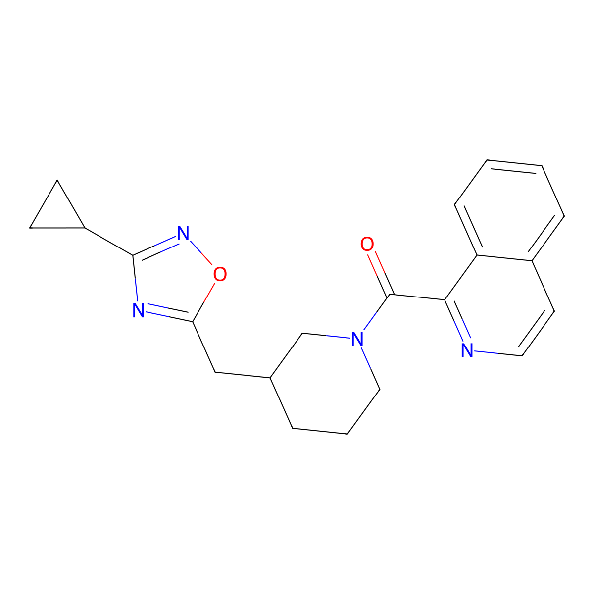 (3-((3-Cyclopropyl-1,2,4-oxadiazol-5-yl)methyl)piperidin-1-yl)(isoquinolin-1-yl)methanone molecular structure, CAS 1705879-71-5
