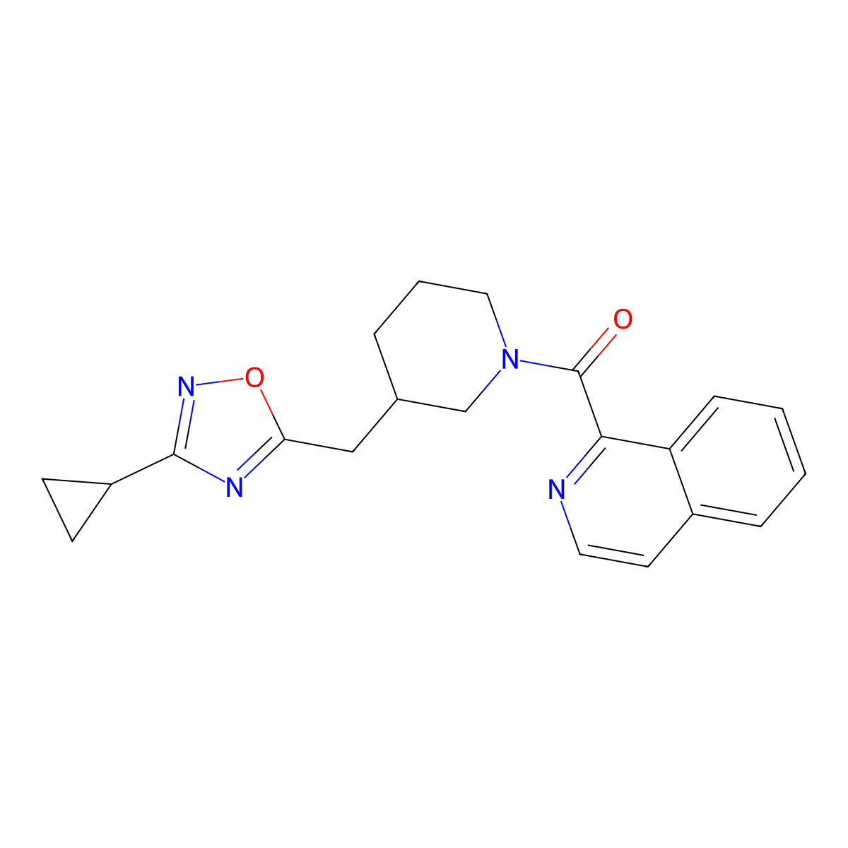 (3-((3-Cyclopropyl-1,2,4-oxadiazol-5-yl)methyl)piperidin-1-yl)(isoquinolin-1-yl)methanone molecular structure, CAS 1705879-71-5
