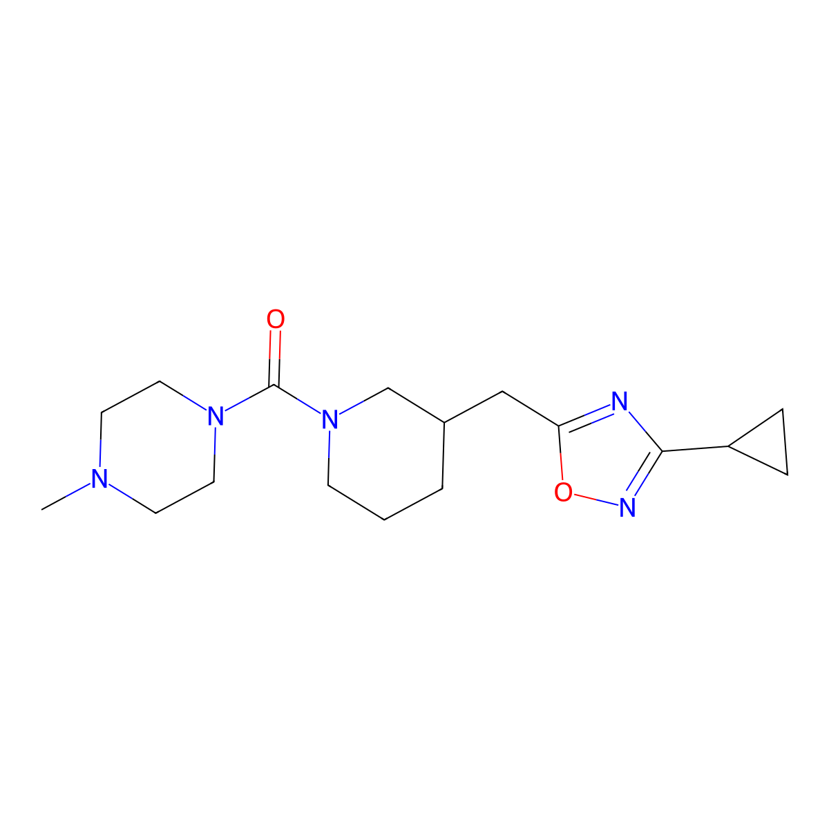 (3-((3-Cyclopropyl-1,2,4-oxadiazol-5-yl)methyl)piperidin-1-yl)(4-methylpiperazin-1-yl)methanone molecular structure, CAS 1705879-78-2