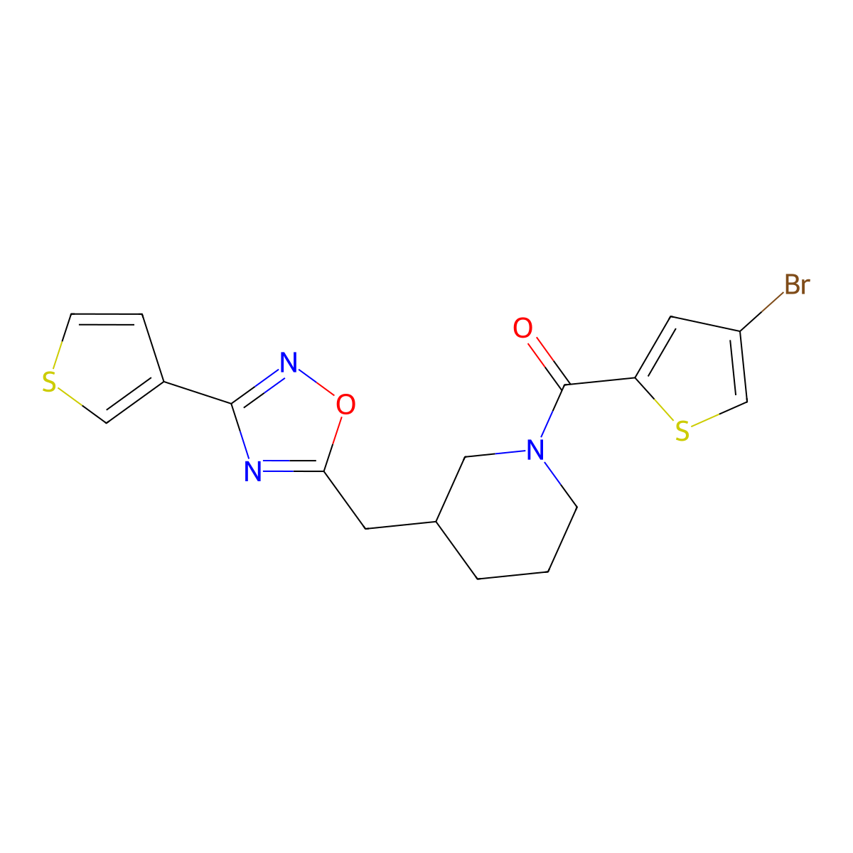 (4-Bromothiophen-2-yl)(3-((3-(thiophen-3-yl)-1,2,4-oxadiazol-5-yl)methyl)piperidin-1-yl)methanone molecular structure, CAS 1705880-33-6