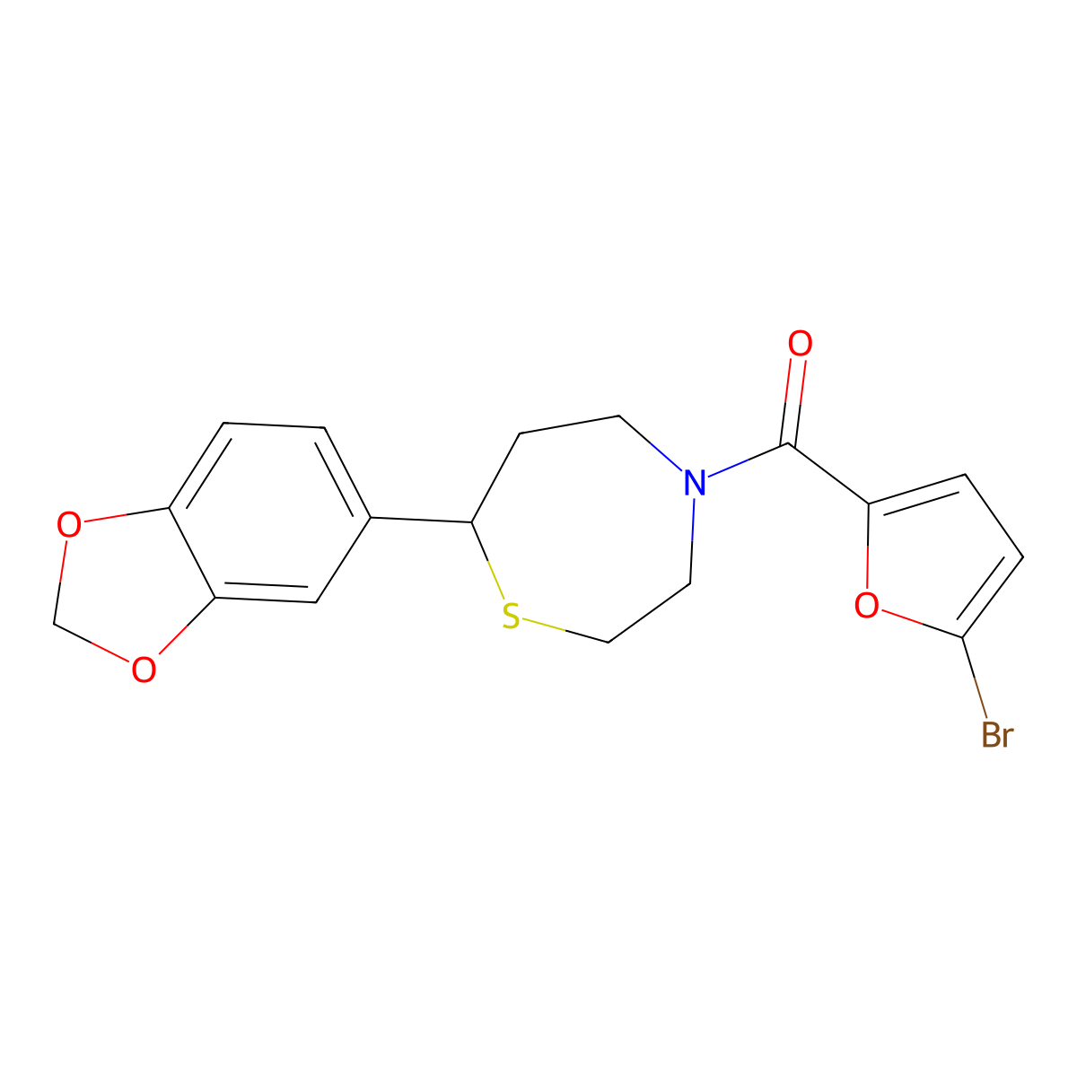 (7-(Benzo[d][1,3]dioxol-5-yl)-1,4-thiazepan-4-yl)(5-bromofuran-2-yl)methanone molecular structure, CAS 1705881-33-9