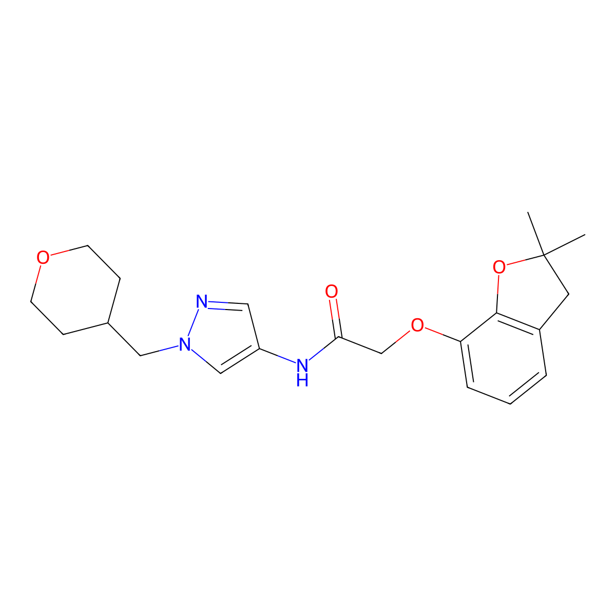 2-((2,2-dimethyl-2,3-dihydrobenzofuran-7-yl)oxy)-N-(1-((tetrahydro-2H-pyran-4-yl)methyl)-1H-pyrazol-4-yl)acetamide molecular structure, CAS 1705884-39-4