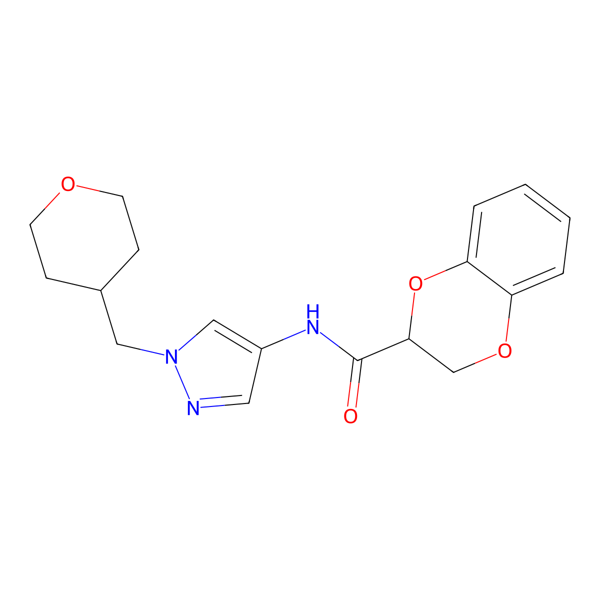 N-(1-((tetrahydro-2H-pyran-4-yl)methyl)-1H-pyrazol-4-yl)-2,3-dihydrobenzo[b][1,4]dioxine-2-carboxamide molecular structure, CAS 1705884-98-5