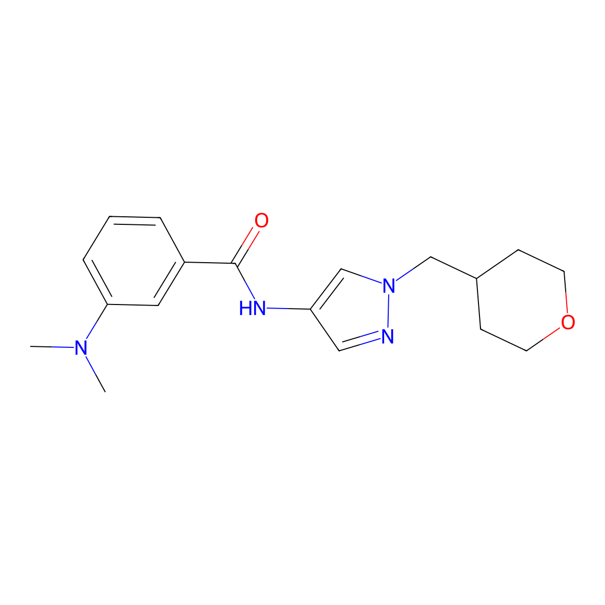 3-(dimethylamino)-N-(1-((tetrahydro-2H-pyran-4-yl)methyl)-1H-pyrazol-4-yl)benzamide molecular structure, CAS 1705885-12-6