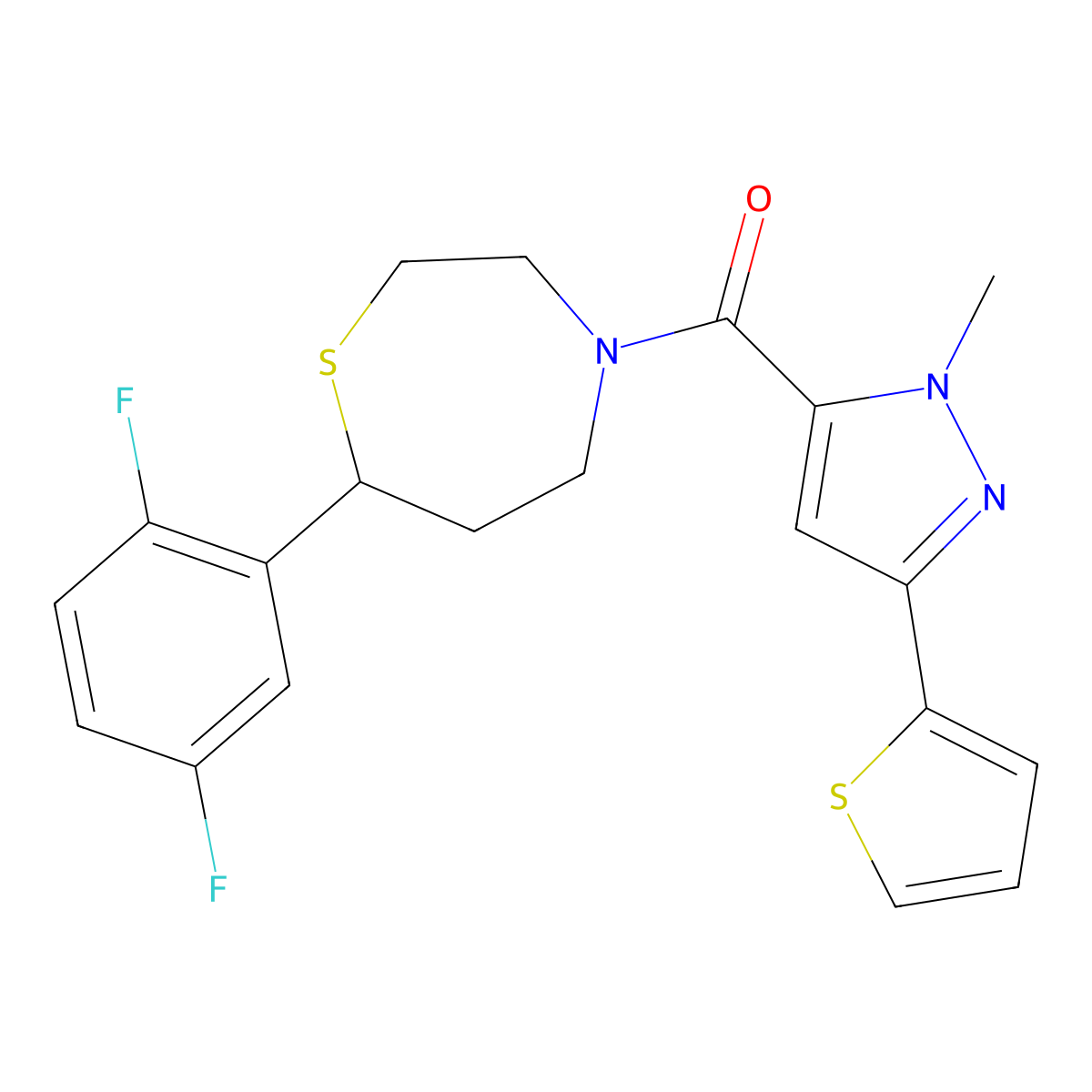 (7-(2,5-difluorophenyl)-1,4-thiazepan-4-yl)(1-methyl-3-(thiophen-2-yl)-1H-pyrazol-5-yl)methanone molecular structure, CAS 1705885-31-9