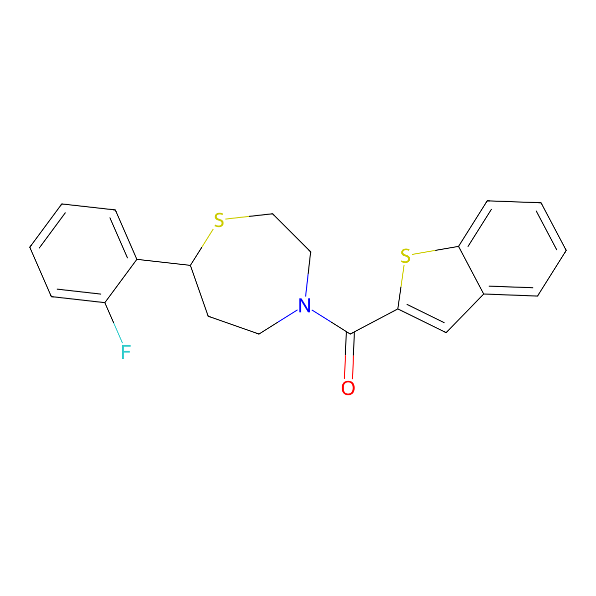 Benzo[b]thiophen-2-yl(7-(2-fluorophenyl)-1,4-thiazepan-4-yl)methanone molecular structure, CAS 1705888-88-5