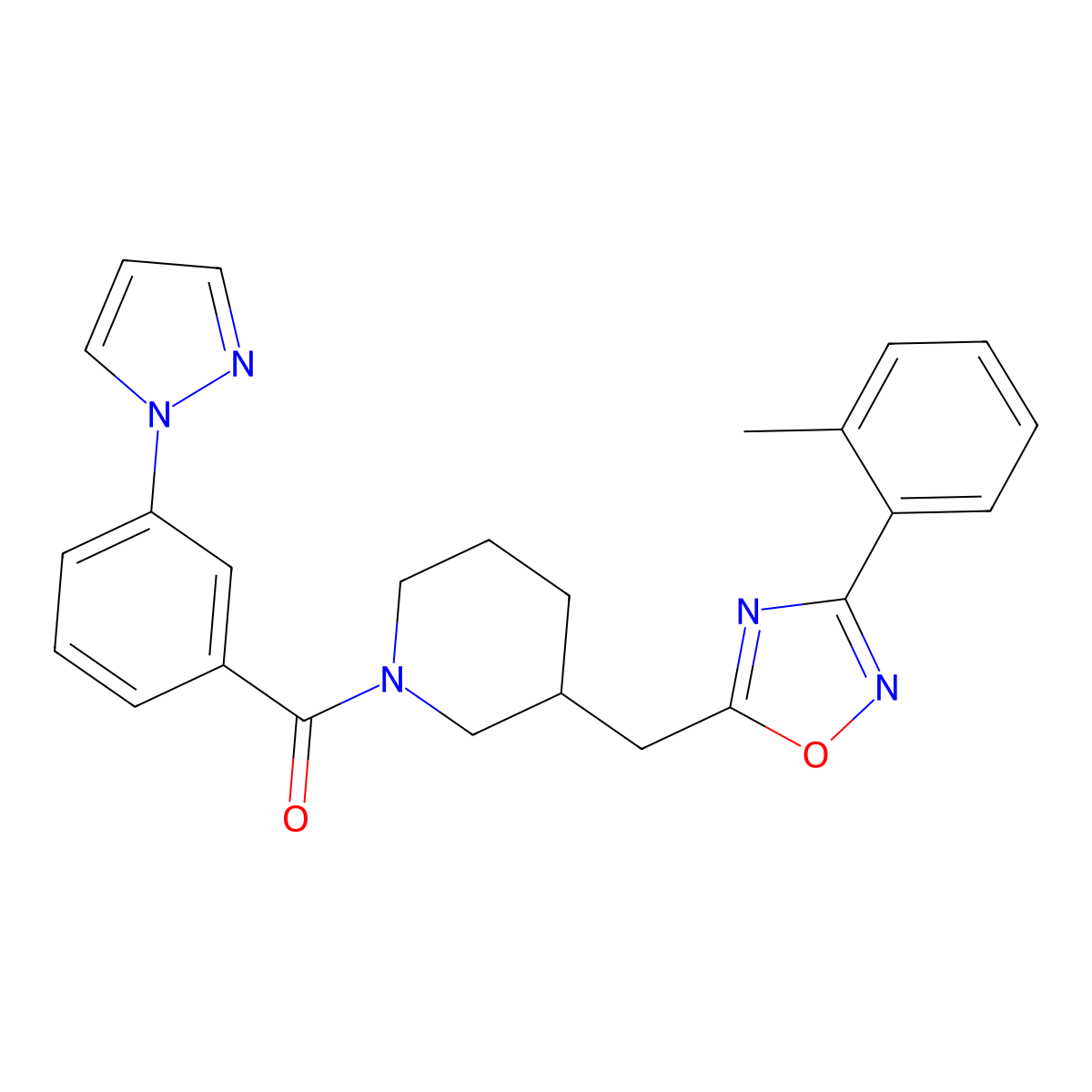 (3-(1H-pyrazol-1-yl)phenyl)(3-((3-(o-tolyl)-1,2,4-oxadiazol-5-yl)methyl)piperidin-1-yl)methanone molecular structure, CAS 1705890-25-0