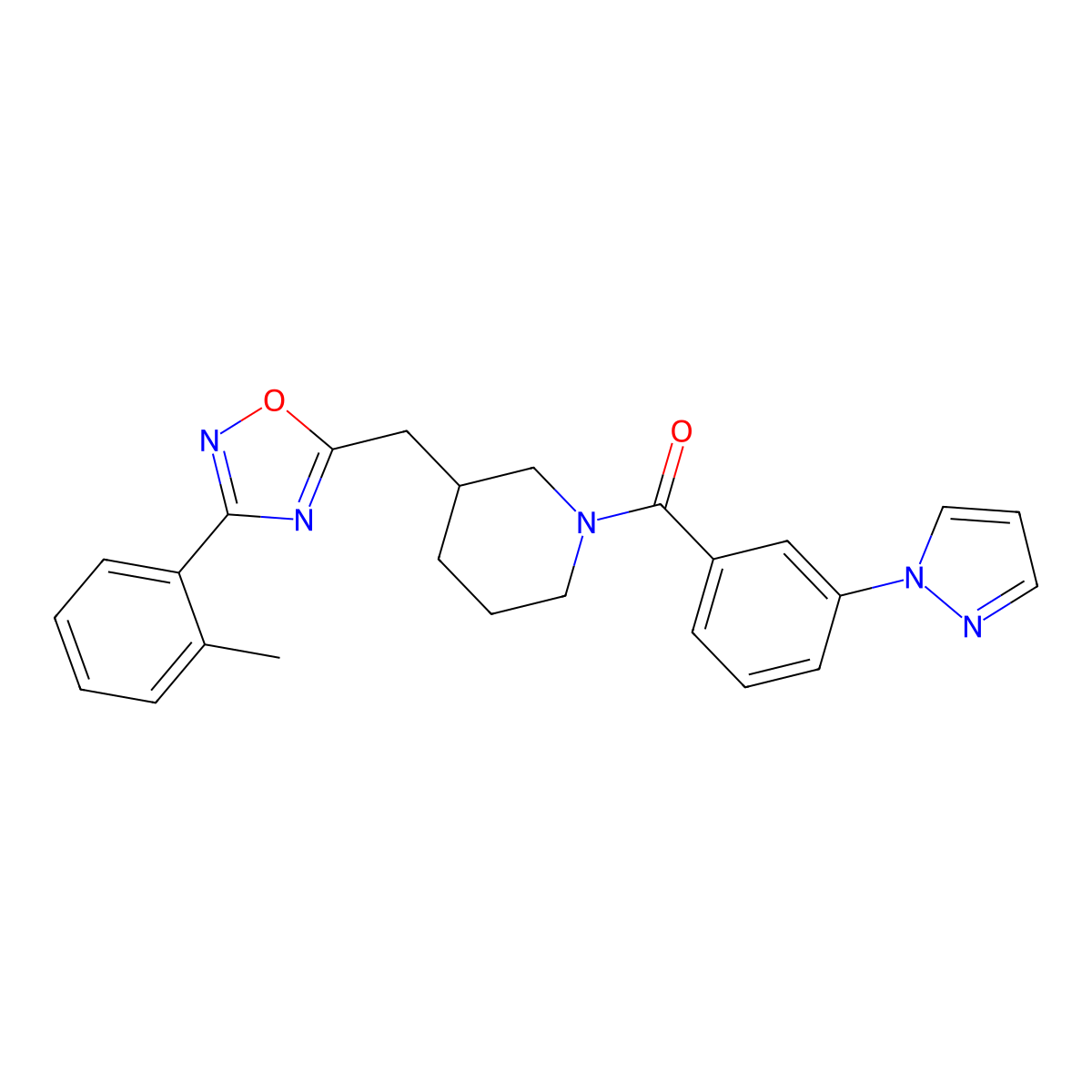 (3-(1H-pyrazol-1-yl)phenyl)(3-((3-(o-tolyl)-1,2,4-oxadiazol-5-yl)methyl)piperidin-1-yl)methanone molecular structure, CAS 1705890-25-0