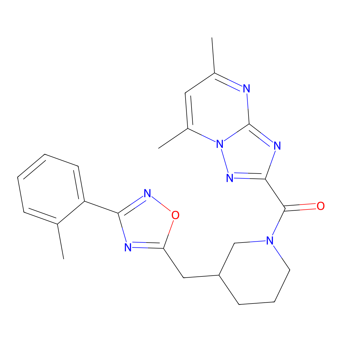 (5,7-Dimethyl-[1,2,4]triazolo[1,5-a]pyrimidin-2-yl)(3-((3-(o-tolyl)-1,2,4-oxadiazol-5-yl)methyl)piperidin-1-yl)methanone molecular structure, CAS 1705890-43-2