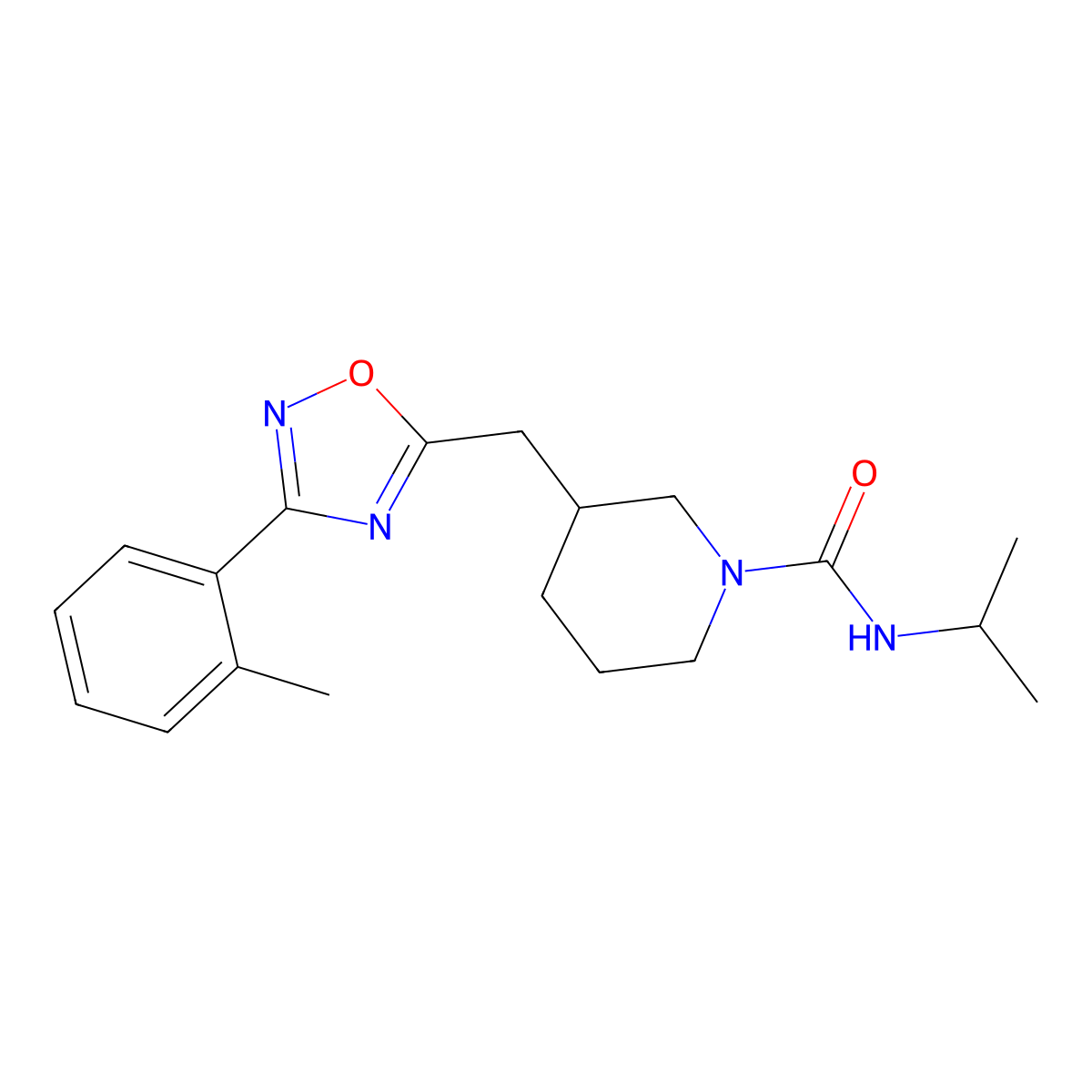 N-isopropyl-3-((3-(o-tolyl)-1,2,4-oxadiazol-5-yl)methyl)piperidine-1-carboxamide molecular structure, CAS 1705890-85-2