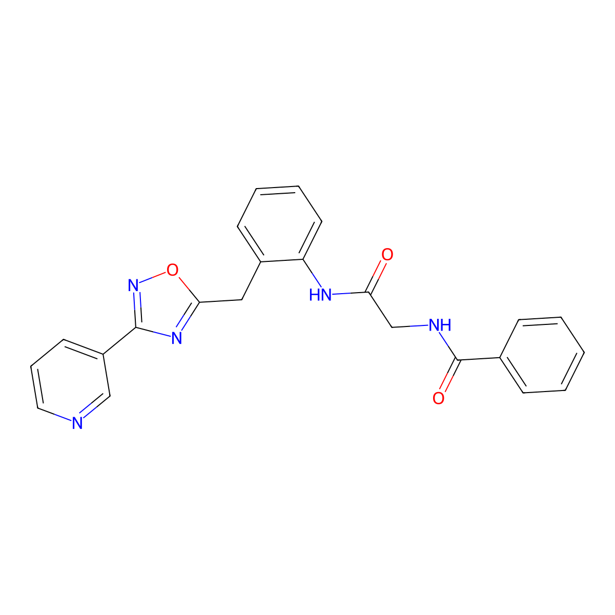 N-(2-oxo-2-((2-((3-(pyridin-3-yl)-1,2,4-oxadiazol-5-yl)methyl)phenyl)amino)ethyl)benzamide molecular structure, CAS 1705890-86-3