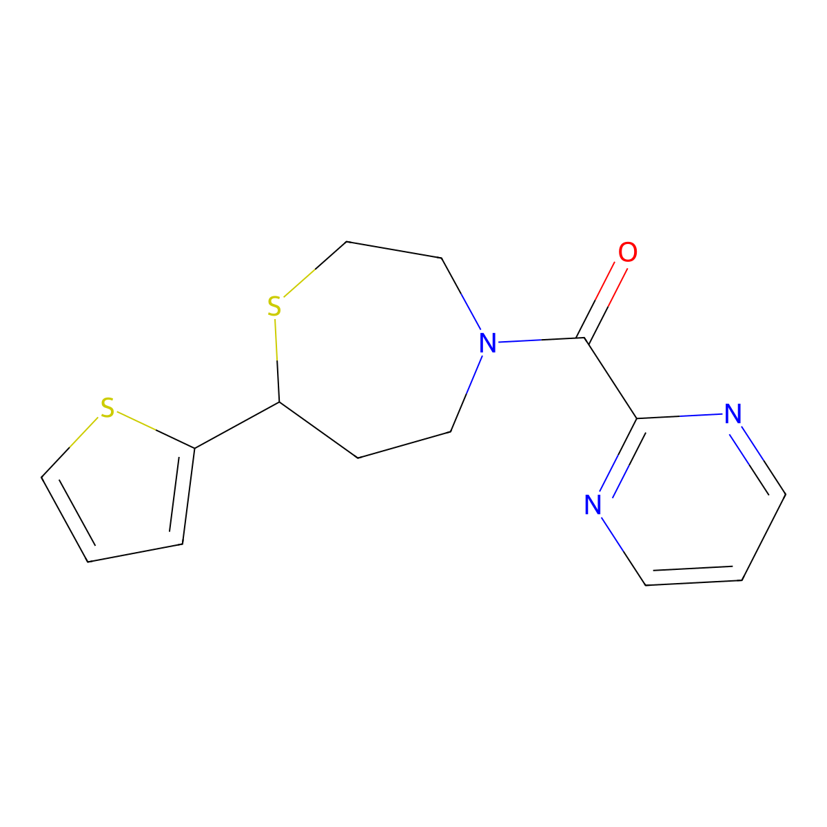 Pyrimidin-2-yl(7-(thiophen-2-yl)-1,4-thiazepan-4-yl)methanone molecular structure, CAS 1705890-88-5
