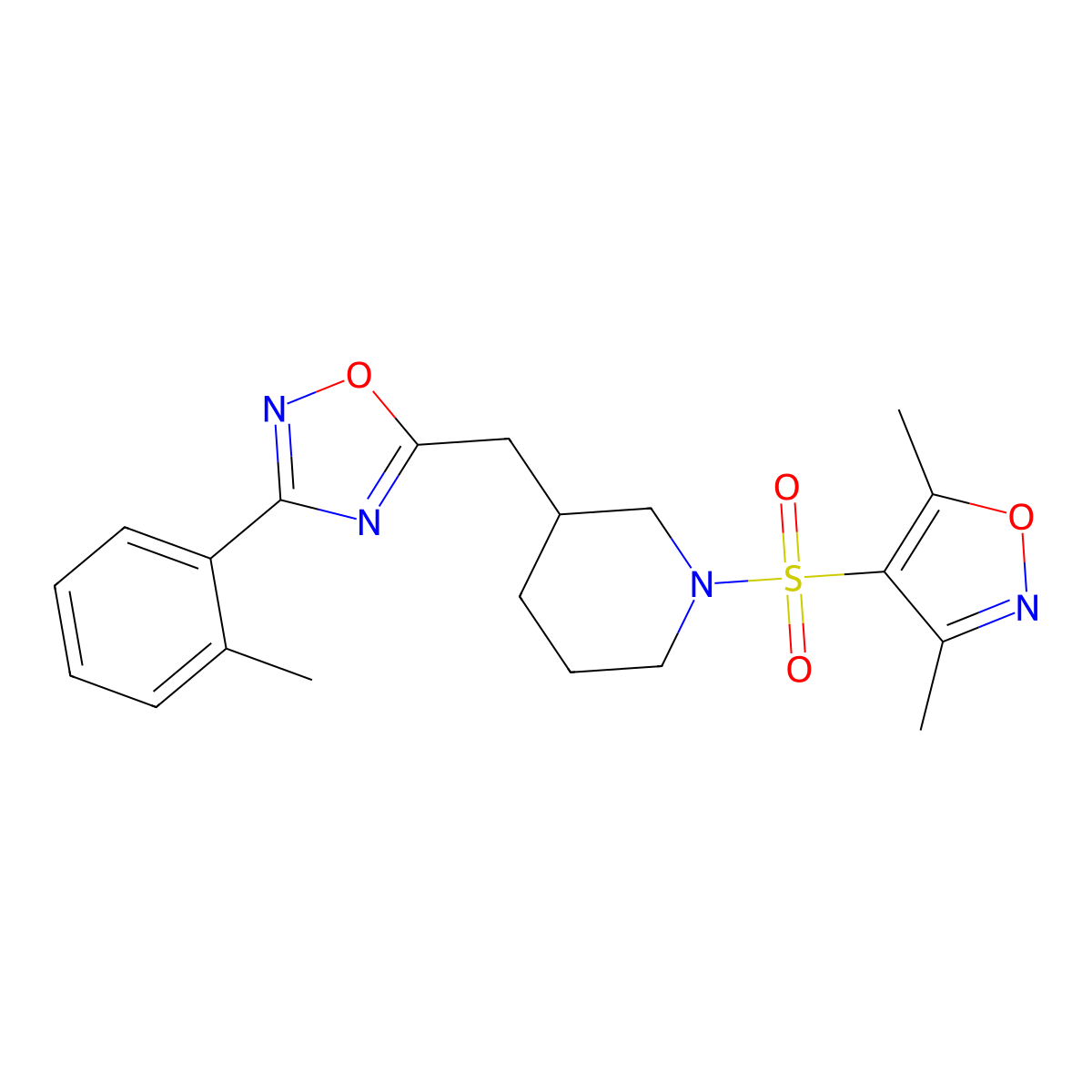 5-((1-((3,5-Dimethylisoxazol-4-yl)sulfonyl)piperidin-3-yl)methyl)-3-(o-tolyl)-1,2,4-oxadiazole molecular structure, CAS 1705891-11-7