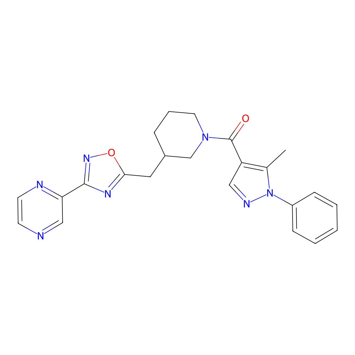 (5-methyl-1-phenyl-1H-pyrazol-4-yl)(3-((3-(pyrazin-2-yl)-1,2,4-oxadiazol-5-yl)methyl)piperidin-1-yl)methanone molecular structure, CAS 1705891-88-8