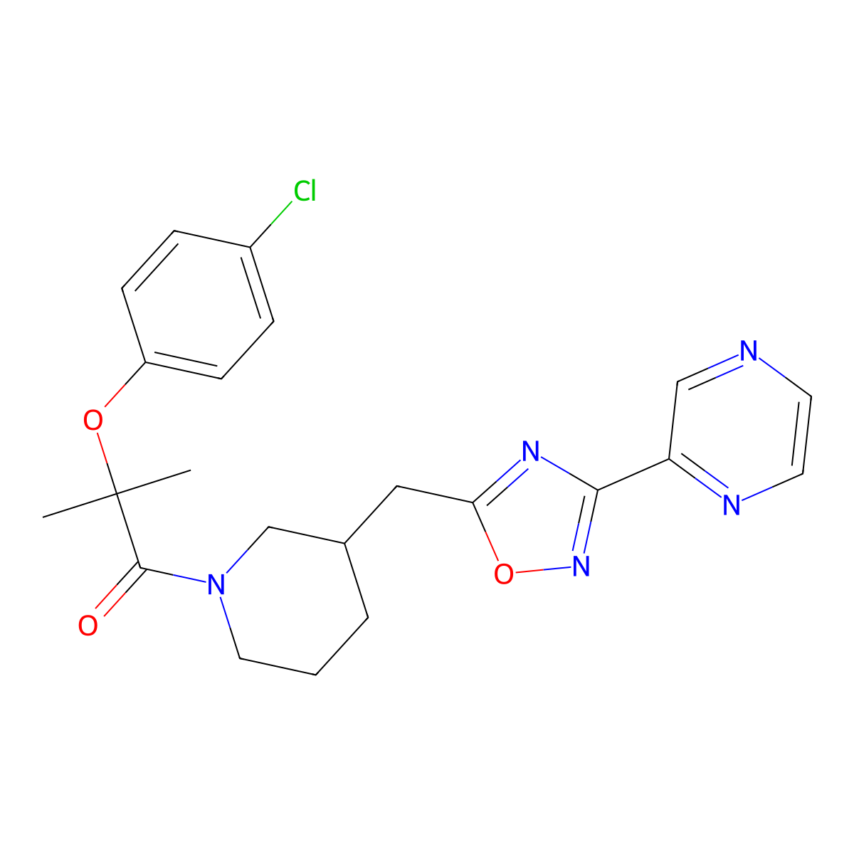 2-(4-Chlorophenoxy)-2-methyl-1-(3-((3-(pyrazin-2-yl)-1,2,4-oxadiazol-5-yl)methyl)piperidin-1-yl)propan-1-one molecular structure, CAS 1705892-13-2