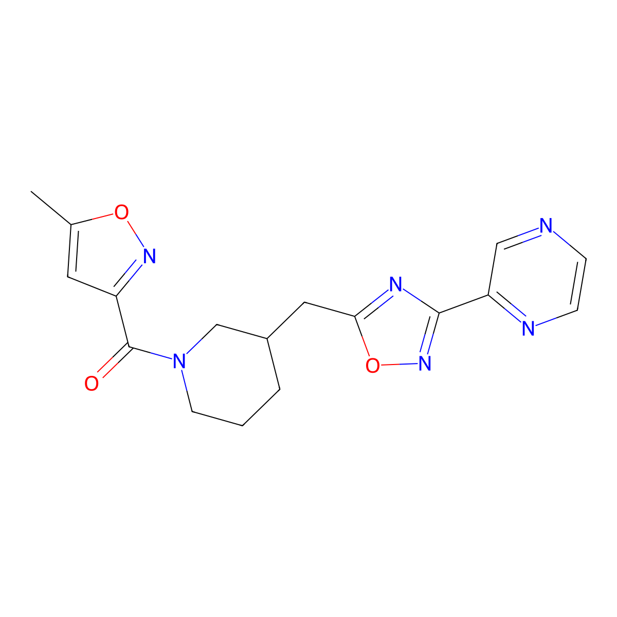 (5-Methylisoxazol-3-yl)(3-((3-(pyrazin-2-yl)-1,2,4-oxadiazol-5-yl)methyl)piperidin-1-yl)methanone molecular structure, CAS 1705892-41-6