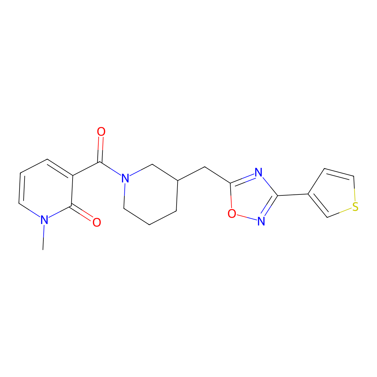 1-methyl-3-(3-((3-(thiophen-3-yl)-1,2,4-oxadiazol-5-yl)methyl)piperidine-1-carbonyl)pyridin-2(1H)-one molecular structure, CAS 1705892-55-2
