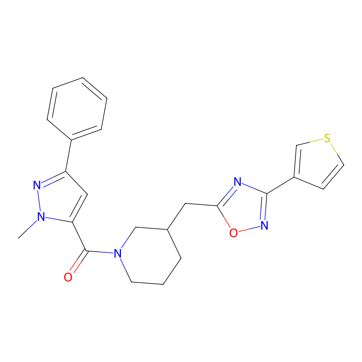 (1-methyl-3-phenyl-1H-pyrazol-5-yl)(3-((3-(thiophen-3-yl)-1,2,4-oxadiazol-5-yl)methyl)piperidin-1-yl)methanone molecular structure, CAS 1705892-63-2