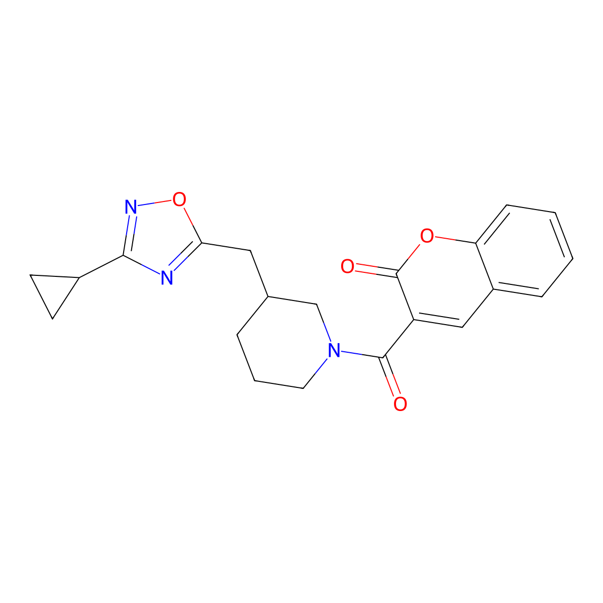 3-(3-((3-cyclopropyl-1,2,4-oxadiazol-5-yl)methyl)piperidine-1-carbonyl)-2H-chromen-2-one molecular structure, CAS 1705895-94-8
