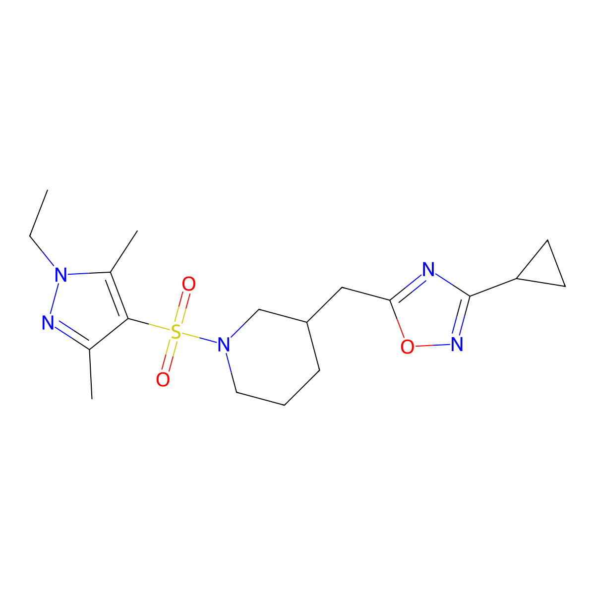 3-cyclopropyl-5-((1-((1-ethyl-3,5-dimethyl-1H-pyrazol-4-yl)sulfonyl)piperidin-3-yl)methyl)-1,2,4-oxadiazole molecular structure, CAS 1705896-55-4