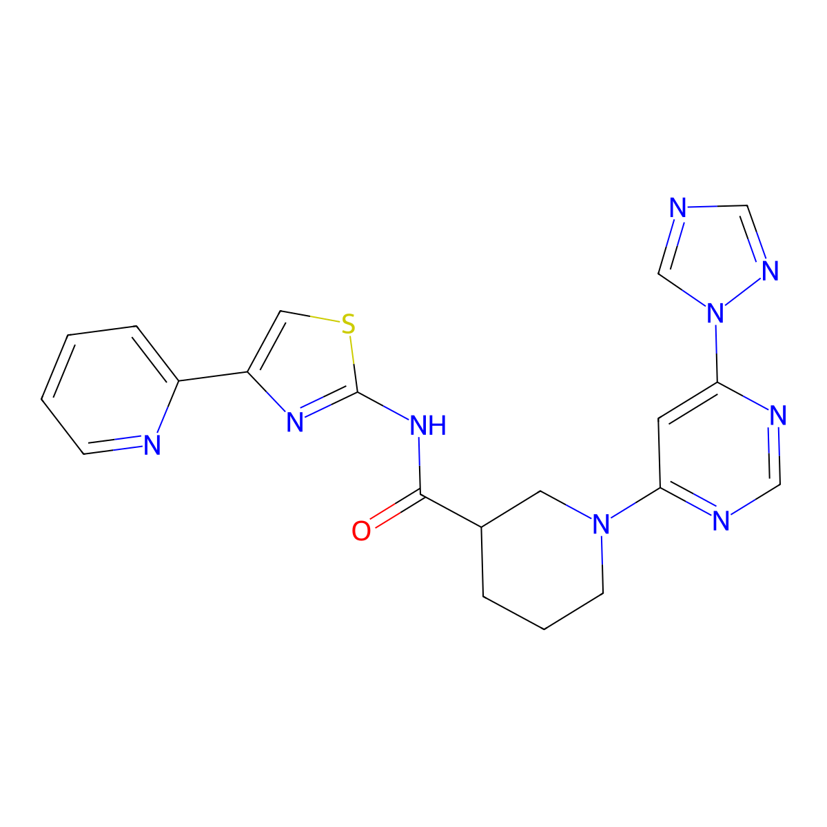 1-(6-(1H-1,2,4-triazol-1-yl)pyrimidin-4-yl)-N-(4-(pyridin-2-yl)thiazol-2-yl)piperidine-3-carboxamide molecular structure, CAS 1705920-37-1