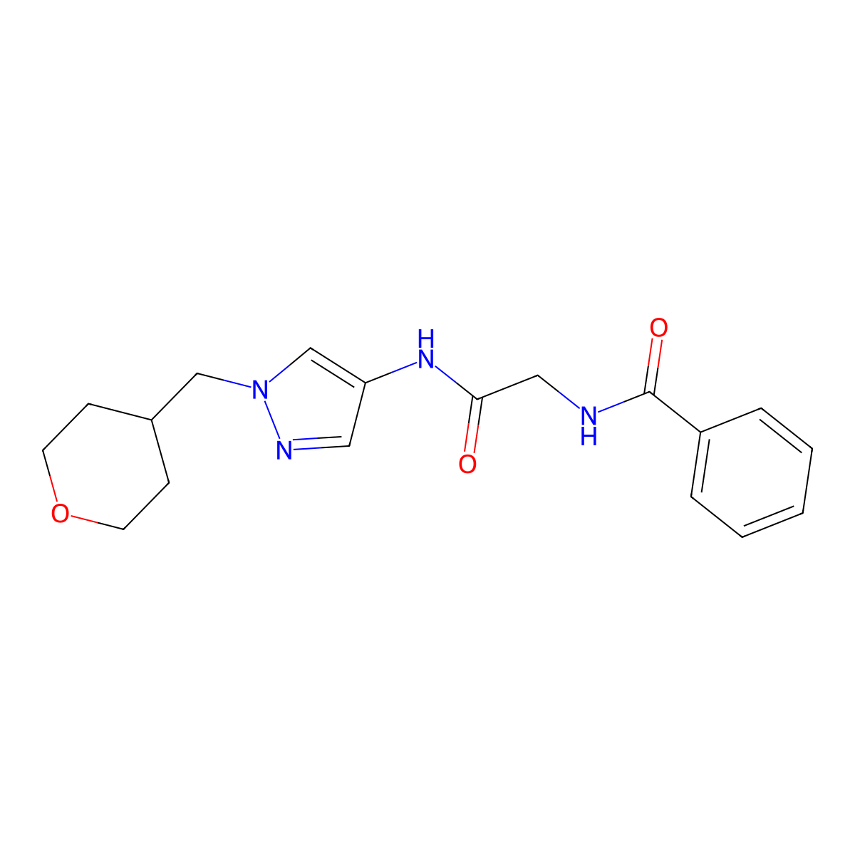 N-(2-oxo-2-((1-((tetrahydro-2H-pyran-4-yl)methyl)-1H-pyrazol-4-yl)amino)ethyl)benzamide molecular structure, CAS 1705926-68-6