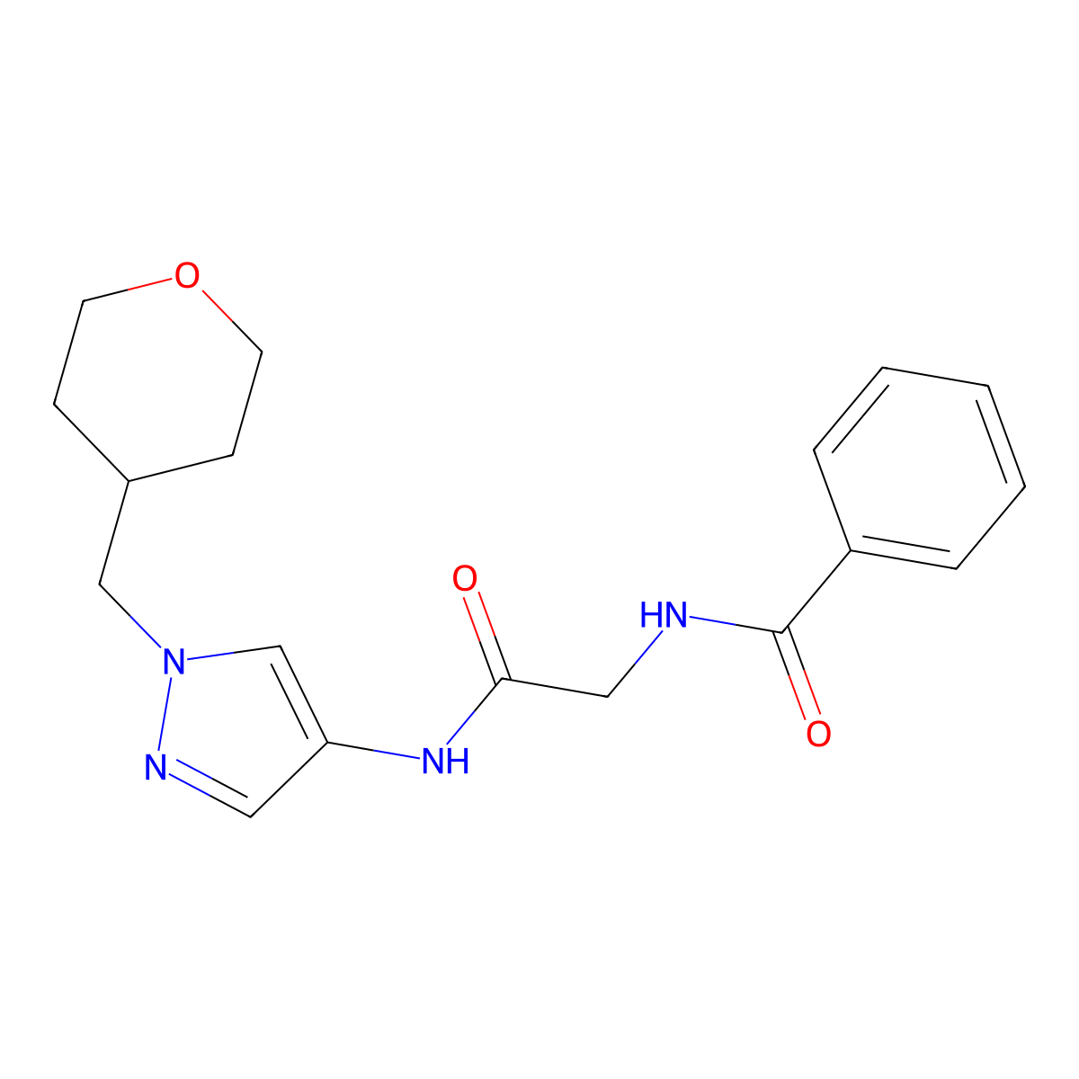 N-(2-oxo-2-((1-((tetrahydro-2H-pyran-4-yl)methyl)-1H-pyrazol-4-yl)amino)ethyl)benzamide molecular structure, CAS 1705926-68-6