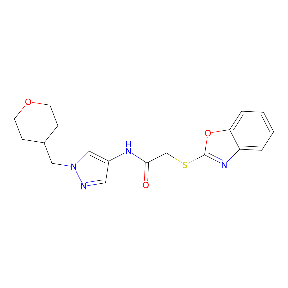 2-(benzo[d]oxazol-2-ylthio)-N-(1-((tetrahydro-2H-pyran-4-yl)methyl)-1H-pyrazol-4-yl)acetamide molecular structure, CAS 1705926-71-1