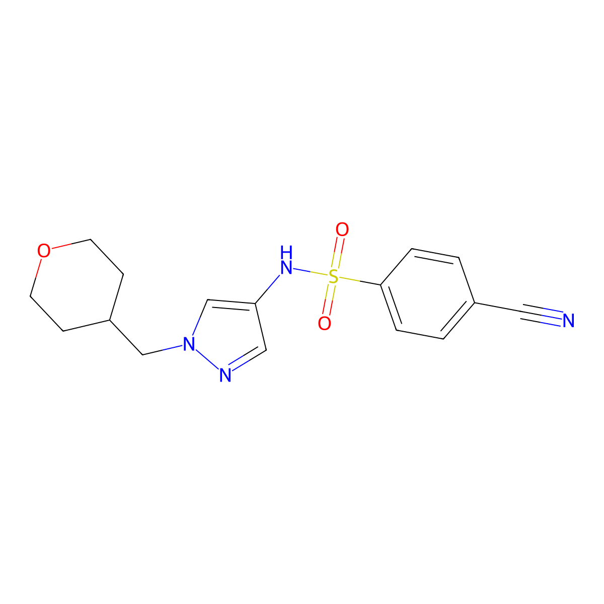 4-cyano-N-(1-((tetrahydro-2H-pyran-4-yl)methyl)-1H-pyrazol-4-yl)benzenesulfonamide molecular structure, CAS 1705927-64-5