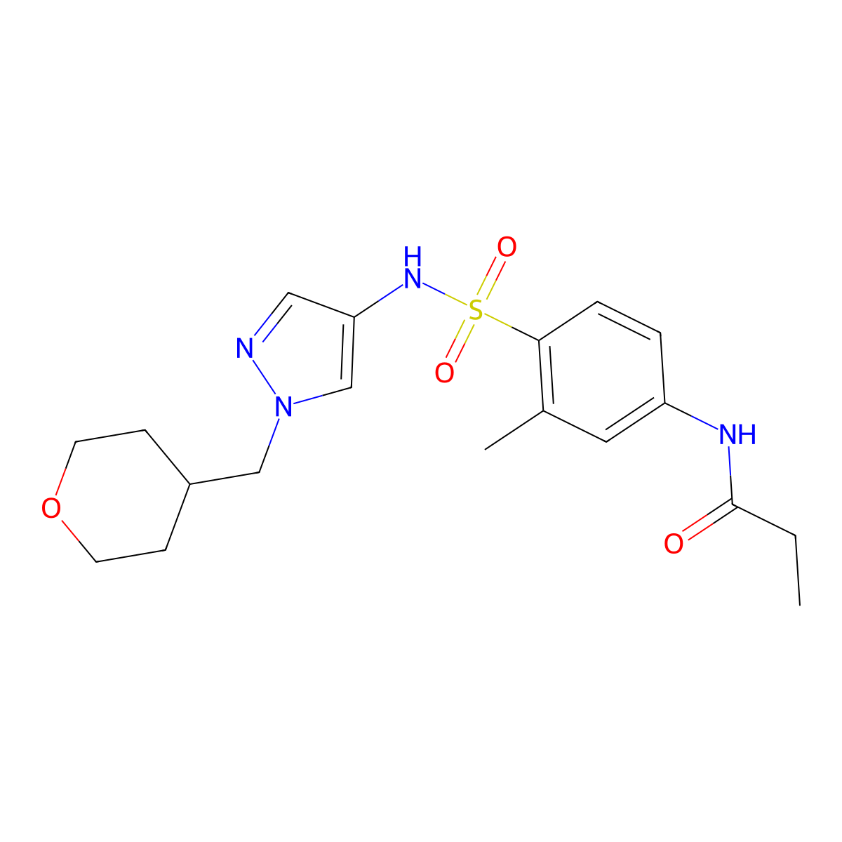 N-(3-methyl-4-(N-(1-((tetrahydro-2H-pyran-4-yl)methyl)-1H-pyrazol-4-yl)sulfamoyl)phenyl)propionamide molecular structure, CAS 1705927-79-2